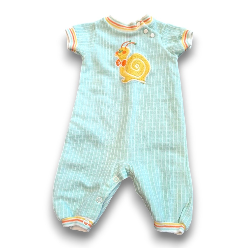 Vintage 80s Carter's Outfit Romper Sleeper Green Yellow Snail Applique Infant 3m